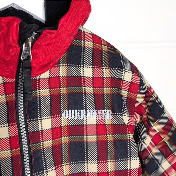 Obermeyer Kids Ski Jacket Size 3 Hooded Insulated Reflective Red Black Plaid - Picture 2 of 13